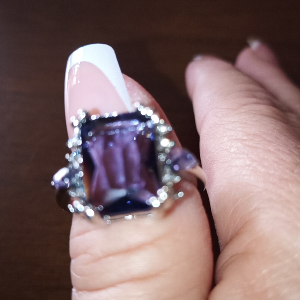 Large Emerald Cut Faux Amethyst Ring-Faux White Sapphire & Diamond Stones Sz 11 - Picture 2 of 8